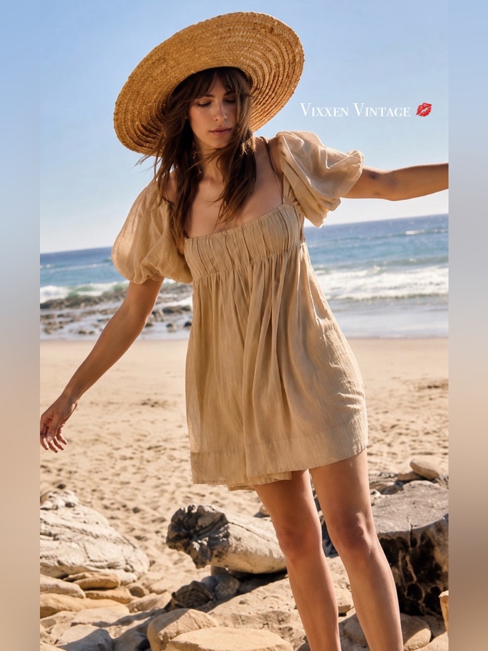 FREE PEOPLE PUFF SLEEVE BABYDOLL 'MARINA MINI DRESS' IN MYSTIC GOLD